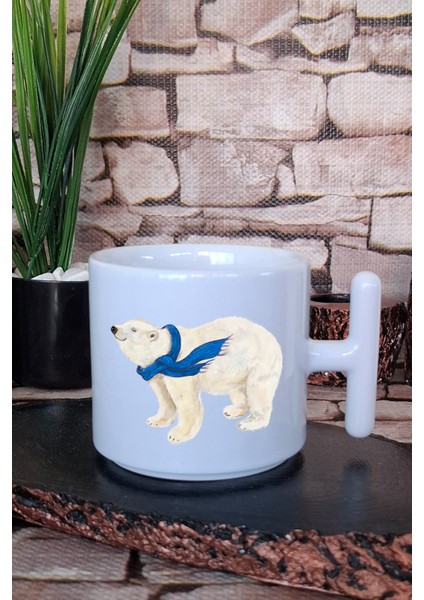 Sevimli Kutup Ayısı Baskılı Eğlenceli T Kulplu Latte Fincanı Kupa Bardak