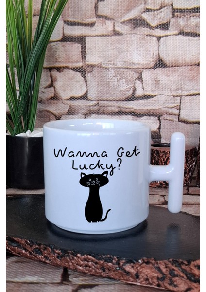 Wanne Get Lucky Şans Kedisi Baskılı Eğlenceli T Kulplu Latte Fincanı Kupa Bardak
