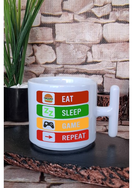 Eat Sleep Game Repeat Oyuncu Gamer Hediyelik Baskılı T Kulplu Latte Fincanı Kupa Bardak