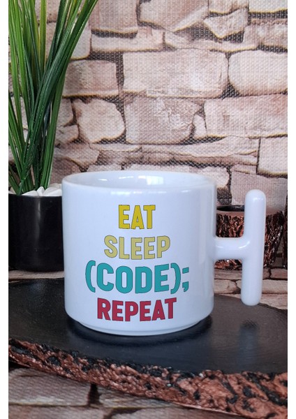 Eat Sleep Code Repeat Baskılı Yazılımcı Hediyelik Baskılı T Kulplu Latte Fincanı Kupa Bardak