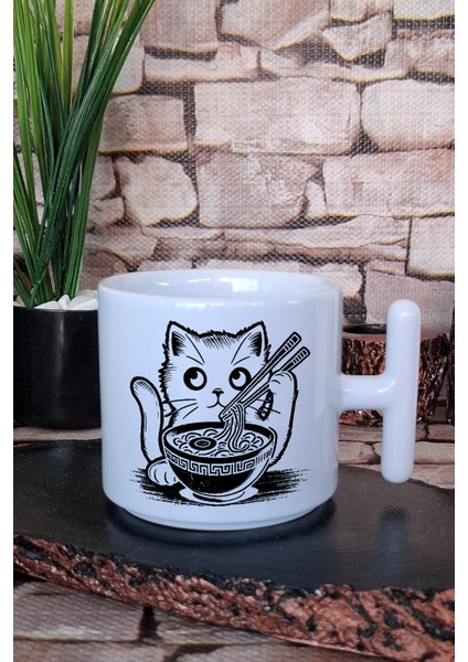 Ramen Siyah Çizim Kedi Baskılı Japon Anime Manga Baskılı T Kulplu Latte Fincanı Kupa Bardak