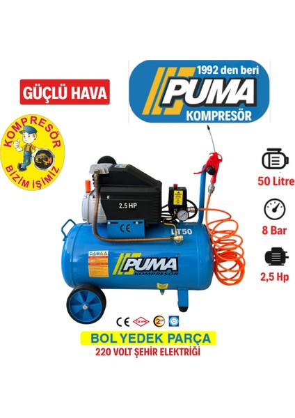 Hava Kompresörü 50 lt (Yağlı) 50 litre Kompresör 5 metre hava hortumu ve Hava Tabancası HEDİYE