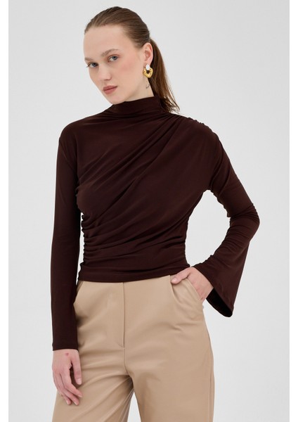 Acı Kahve Balıkçı Yaka Drapeli Bluz 2517