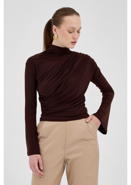 Acı Kahve Balıkçı Yaka Drapeli Bluz 2517 fırsatları