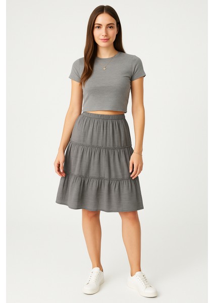 %100 Pamuk Müslin Gri Kat Kat Etek – Lastikli Bel, Yazlık Kadın Etek