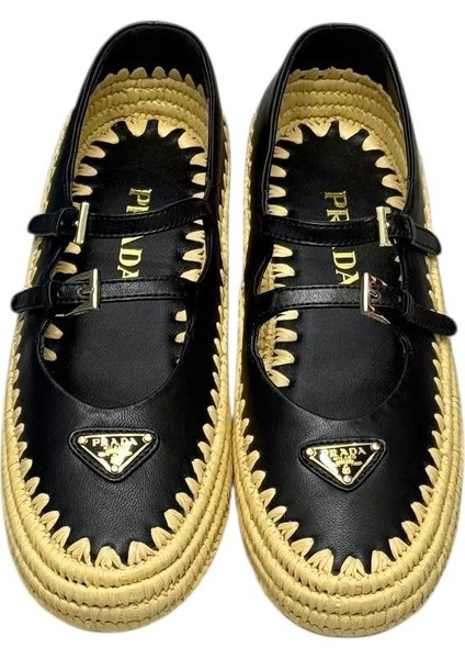 Prada Espadril Raffia Ballerinas Mary Jane - Kadın Ayakkabı - Günlük Ayakkabı - Hasır Ayakkabı