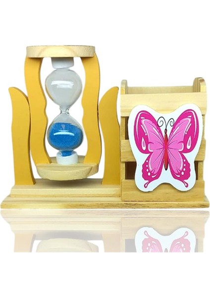 Ahşap Kelebekli Mavi Kum Saatli Kalemlik