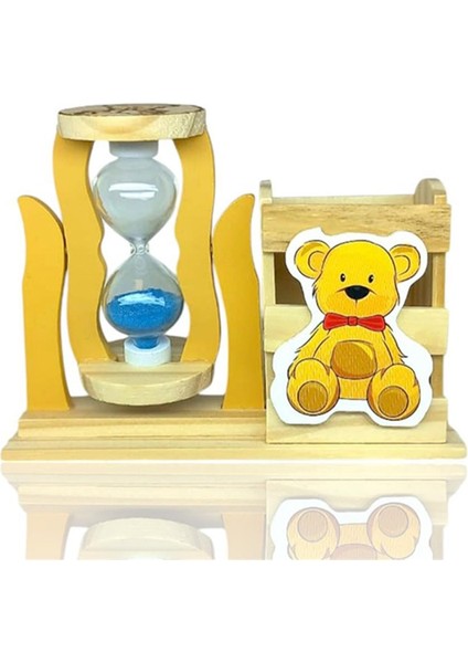 Ahşap Ayıcıklı Mavi Kum Saatli Kalemlik