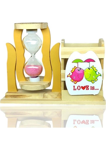 Ahşap Balıklı Pembe Kum Saatli Kalemlik