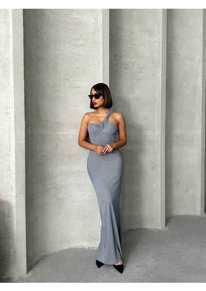 Tek Omuz Uzun Pliseli Elbise Gri fiyatları