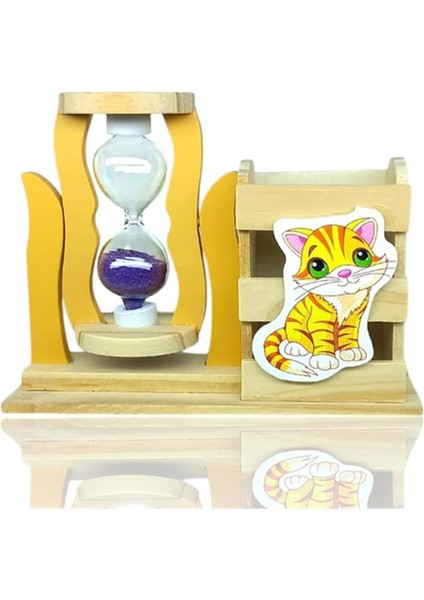 Ahşap Kedili Mor Kum Saatli Kalemlik