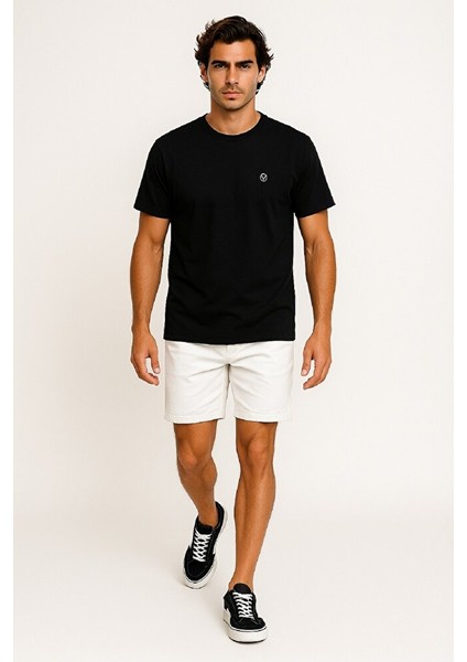 Bisiklet Yaka Slim Fit Göğüsü V Baskılı % 100 Pamuk Esnek Süprem T-Shirt