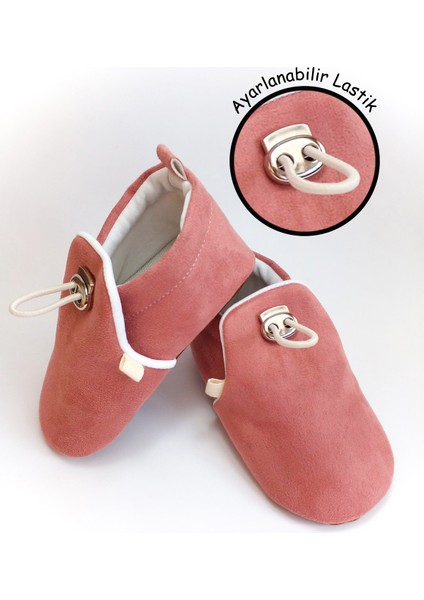 Pembe Kadife Kaydırmaz Taban, Ayarlanabilir Lastikli Bebek Patik, Kreş Ayakkabısı, Ev Botu Panduf