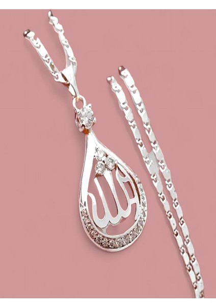 Taşlı Su Damlası Allah Yazılı Kolye