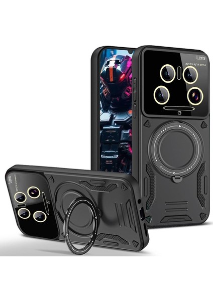 Xiaomi Mi 15 Ultra Kılıf Magsafe Dönebilen Halkalı Standlı Kamera Lens Korumalı Gold Detaylı Military Kapak