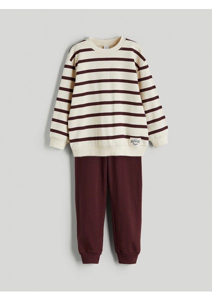 Lcw Kids Bej Bisiklet Yaka Çizgili Erkek Çocuk Sweatshirt ve Eşofman Alt 2'li