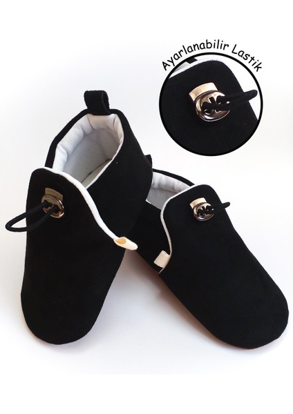 Siyah Kadife Kaydırmaz Taban, Ayarlanabilir Lastikli Bebek Patik, Kreş Ayakkabısı, Ev Botu Panduf
