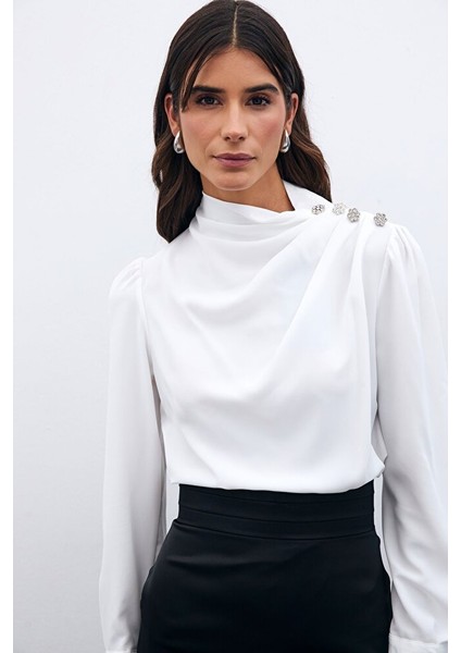 Düğmeleri Taş Detaylı Bluz - Siyah