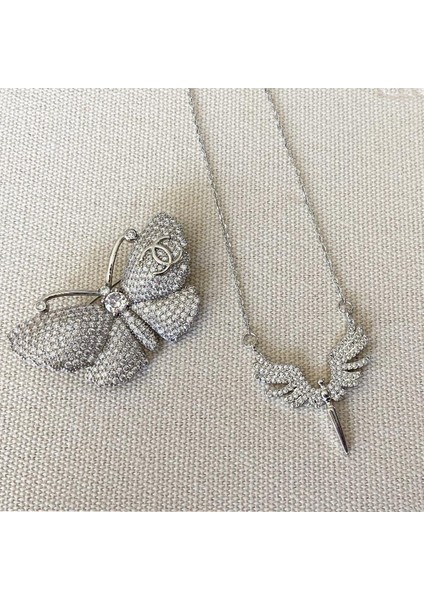 Mikail Meleği Taşlı Çelik Kolye Broş Set modelleri