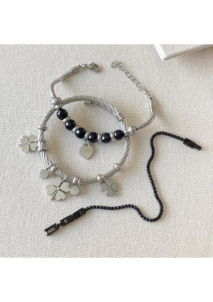 Yoncalı Kalpli 3'lü Çelik Bileklik Set