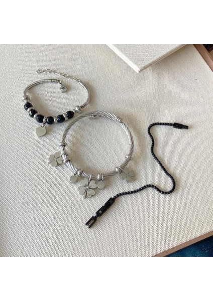 Yoncalı Kalpli 3'lü Çelik Bileklik Set fırsatları