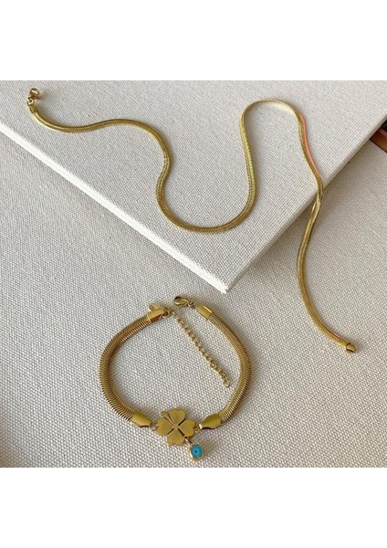 Italyan Yonca Bileklik Kolye Çelik Set