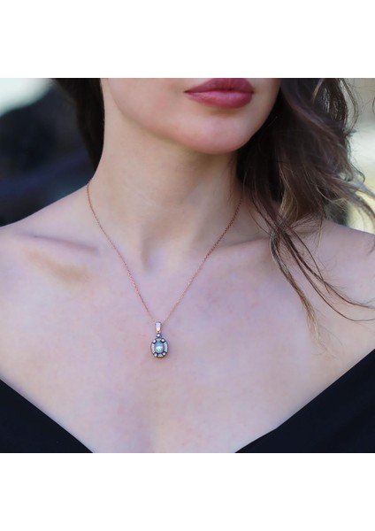 Elips Elmas Montür Rose Gold Gümüş Kolye