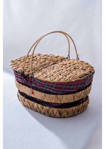 Hasır Ekose Kapaklı Oval Piknik Sepeti 39CM