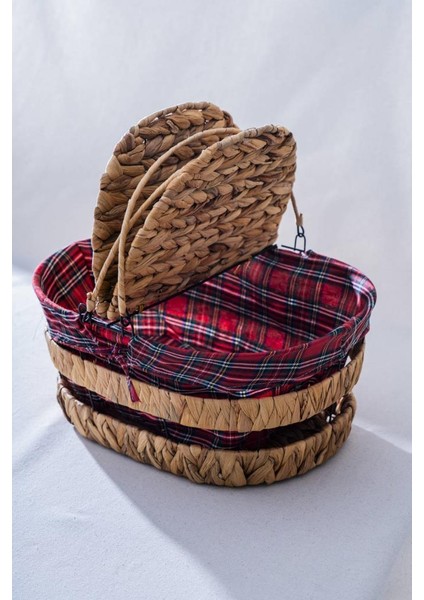 Hasır Ekose Kapaklı Oval Piknik Sepeti 39CM modelleri