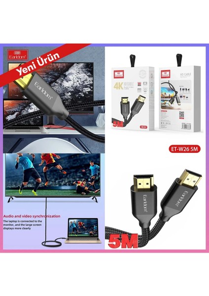 W26 5m 4K Altın Uçlu Hasır HDMI Kablo - Siyah