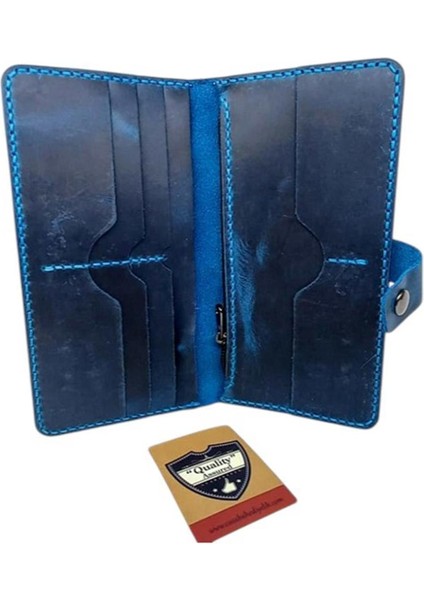 Turkuaz El Yapımı Hakiki Deri Telefon Kılıflı Cüzdan