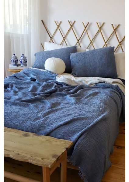 HB&Victory Müslin Tek Kişilik 4 Katlı %100 Pamuk Gece Mavisi Renk Yatak Örtüsü 160X230 Cm. fiyatları