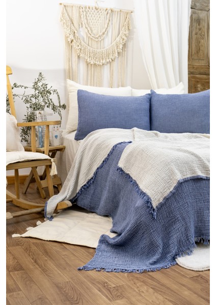 HB&Victory Müslin Tek Kişilik 4 Katlı %100 Pamuk Gece Mavisi Renk Yatak Örtüsü 160X230 Cm.