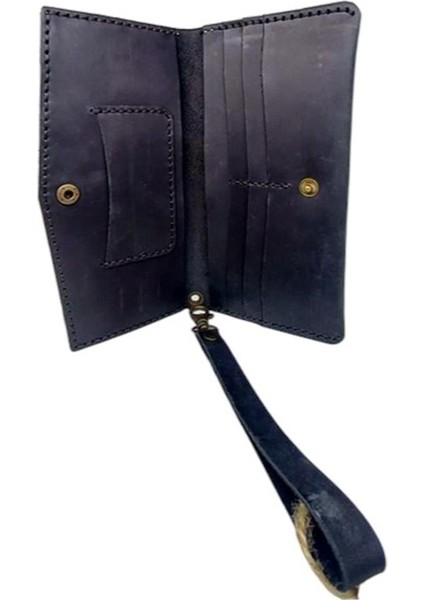 El Yapımı Telefon Bölmeli Hakiki Crazy Deri Cüzdan Siyah