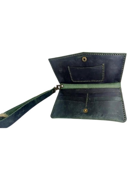 El Yapımı Telefon Bölmeli Hakiki Crazy Deri Cüzdan Yeşil