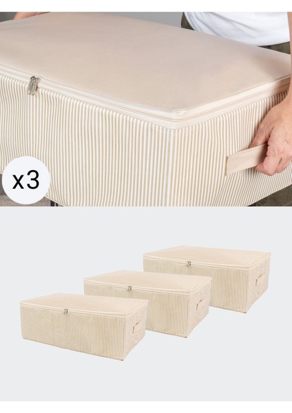 Büyük Boy Krem Çizgi Desenli Yastık Yorgan Düzenleyici Baza Altı 60X40X20 cm (3 Adet)