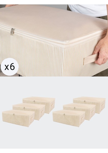 6'lı Büyük Boy Krem Çizgi Desenli Baza Altı Düzenleyici Hurç Seti 60X40X20 cm