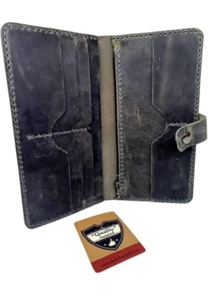 Gri El Yapımı Hakiki Crazy Deri Telefon Bölmeli Cüzdan