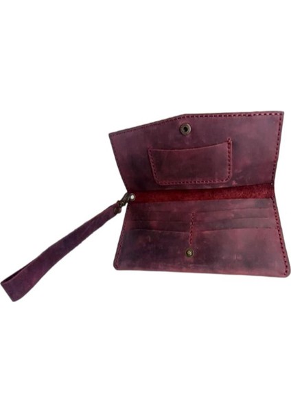 El Yapımı Telefon Bölmeli Hakiki Crazy Deri Cüzdan Vişne Çürüğü