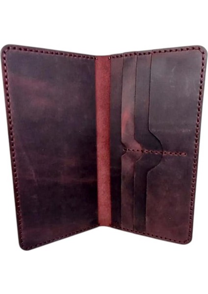 El Yapımı Telefon Bölmeli Hakiki Crazy Deri Cüzdan Vişne Çürüğü