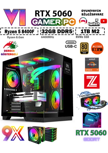 GTA-VI Valo V84 ✔ Ryzen 5 8400F DDR5 32GB 6400MHZ Ram 1TB M.2 Nvme SSD 8GB GDDR7 RTX5060 Ekran Kartı Premium Oyuncu Bilgisayarı