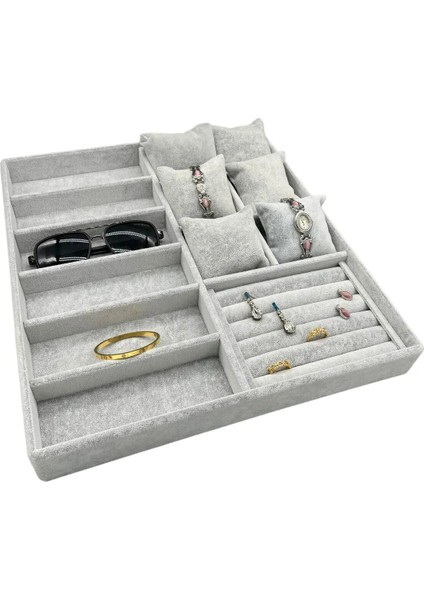 Miami Model Süet Kumaş Gri Renk 38CM /34 cm Mix Takı Sergileme Çekmece Içi Stand