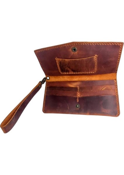 El Yapımı Telefon Bölmeli Hakiki Crazy Deri Cüzdan Koyu Kahverengi