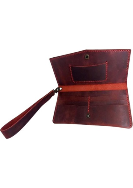 El Yapımı Telefon Bölmeli Hakiki Crazy Deri Cüzdan Bordo