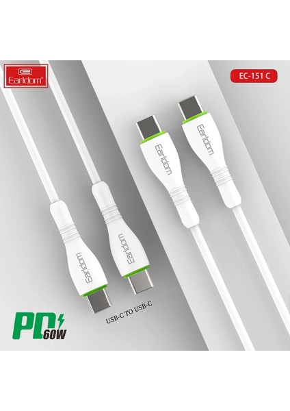 EC-151C Pd 60W Type-C To Type-C 1m Hızlı Şarj Kablosu - Beyaz modelleri