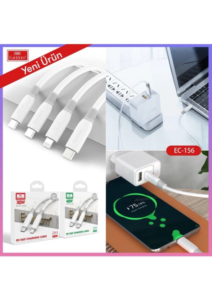 EC-156I Pd 30W Type-C To Lightning 2m Hızlı Şarj Kablosu - Beyaz