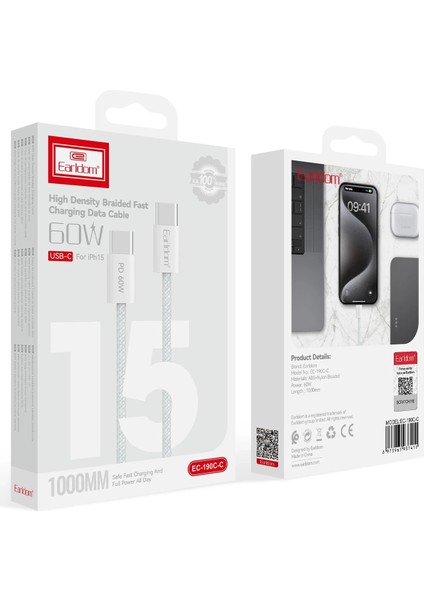 EC-190CC 1m 60W Type-C To Type-C Pd Hızlı Şarj Kablosu - Beyaz