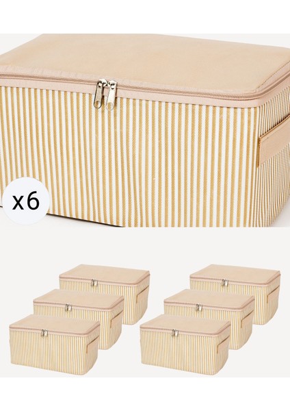 6'lı Bej Küçük Boy Çizgili Bavul Iç Organizer Seti 30X20X15 cm