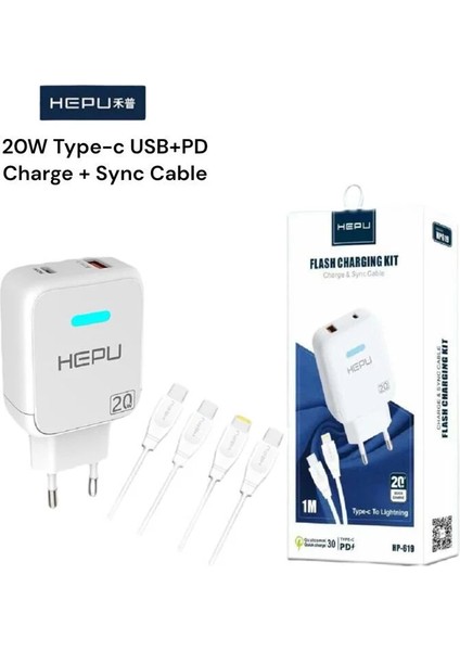 20W USB + Type-C Çıkışlı Hızlı Şarj Adaptör, Lightning Kablo Dahil