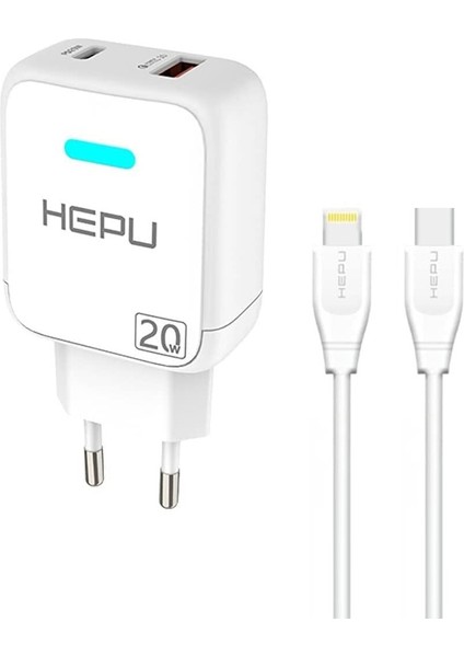 20W USB + Type-C Çıkışlı Hızlı Şarj Adaptör, Lightning Kablo Dahil